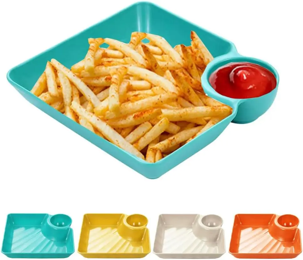Modern 4-Pcs Reusable Chips & Salsa Serving Dish Set with Sauce Rack – Veggie Platter Trays for Father’s Day Family Meals, BBQs, Child-Friendly Appetizer Use (Mixed Colors)