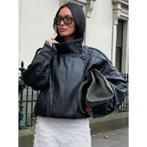 Black PU Leather Jacket Women's jacket autumn 2025 Oversize Asymmetrical Zipper outerwears new in coats & jackets long sleeve Biker Jacket Street Style Jacket