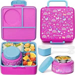 Bento Box for Kids Adult, BPA Free & Leakproof Toddler Lunch Box with 8.5oz Insulated Thermos Food Jar, Utensils & Sauce Jar, Dishwasher Safe 3 or 4 Compartment Container for School Girl Boy