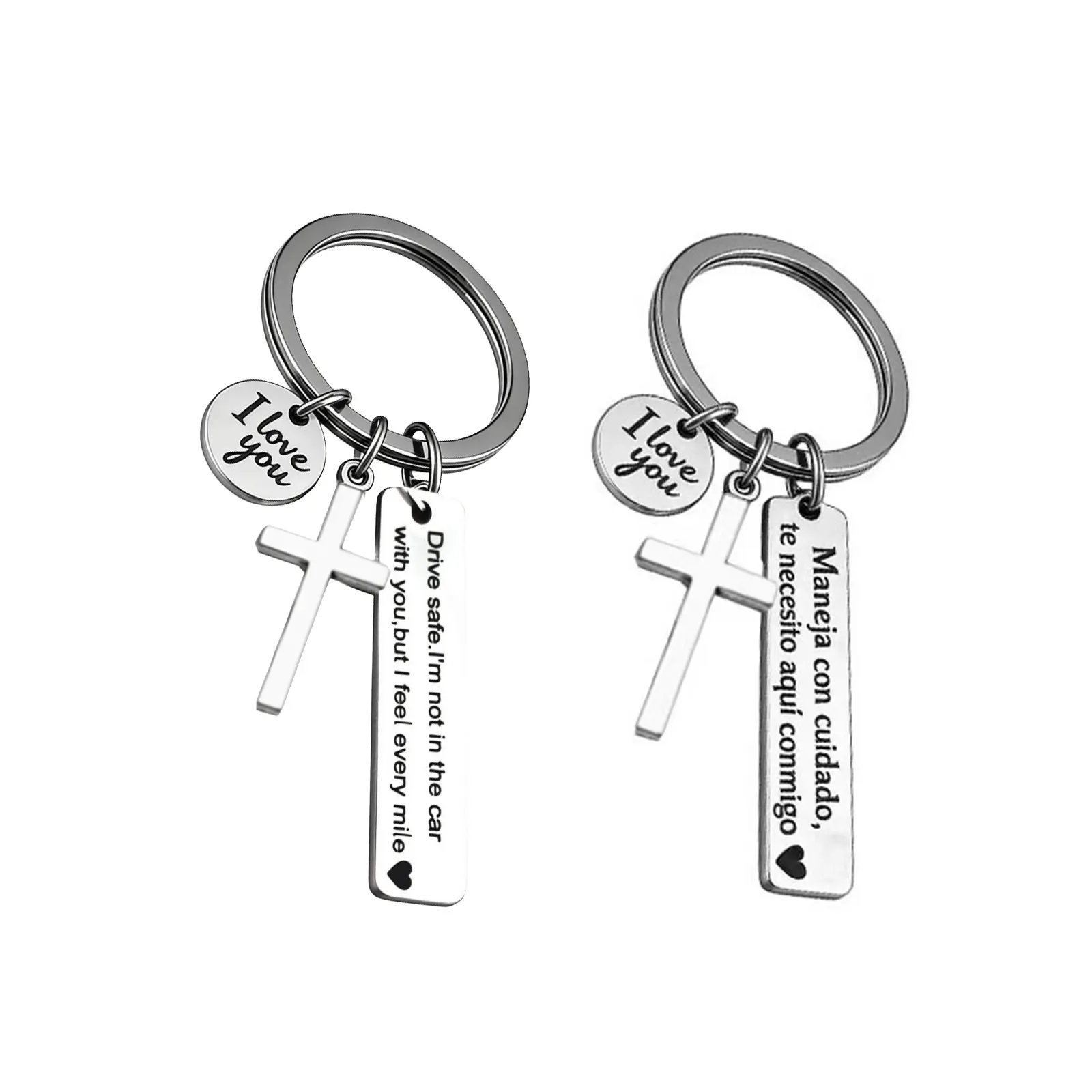 Cross Charm Safety Wish Keychain for Dear | Stainless Steel, Dual Language Styles, Romantic Blessing Gifts for Drivers, Mother's Day, Father's Day, Valentine’s Day