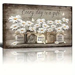 1PC Multi-Size Rustic Wooden Framed 2D Flat Canvas Wall Art, Floral Motif Daisy Butterfly Vintage Inspirational Picture, 1-Piece Home Decor for Bedroom Living Room Ready to Hang