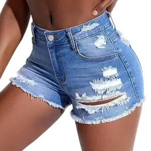Women High Waisted Denim Shorts Sexy Distressed Ripped Jean Shorts Frayed Raw Hem Hot Pants Summer Beach Wear Booty Shorts Casual Denim