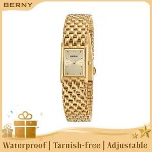 BERNY Gold Watch for Women Vintage Style Ladies Square Quartz Wristwatch All Stainless Steel Womens Dainty Tiny Old Money Goldwatch Luxury Casual Fashion Bracelet Tools Included, Gift for Mother Wife, Reloj de Mujer, Mother's Day Gift