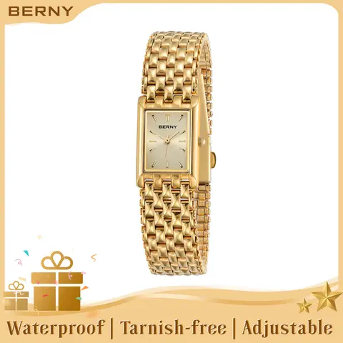 BERNY Gold Watch for Women Vintage Style Ladies Square Quartz Wristwatch All Stainless Steel Womens Dainty Tiny Old Money Goldwatch Luxury Casual Fashion Bracelet Tools Included, Gift for Mother Wife, Reloj de Mujer, Fall deals for you