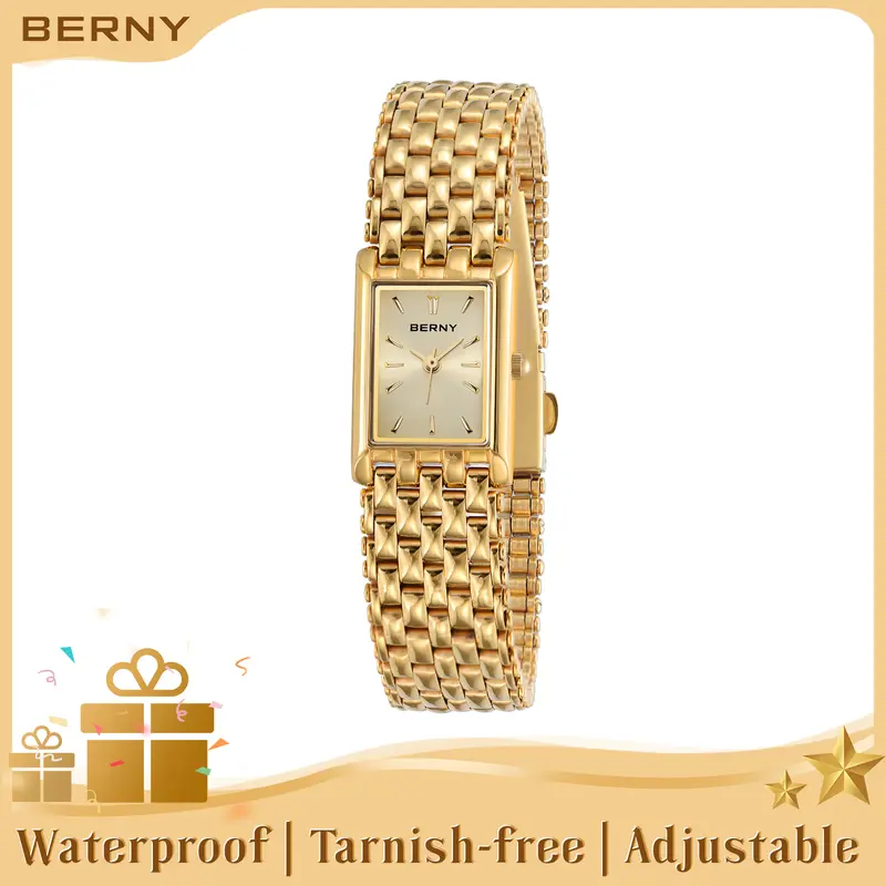 BERNY Gold Watch for Women Vintage Style Ladies Square Quartz Wristwatch All Stainless Steel Womens Dainty Tiny Old Money Goldwatch Luxury Casual Fashion Bracelet Tools Included, Gift for Mother Wife, Reloj de Mujer, Fall deals for you