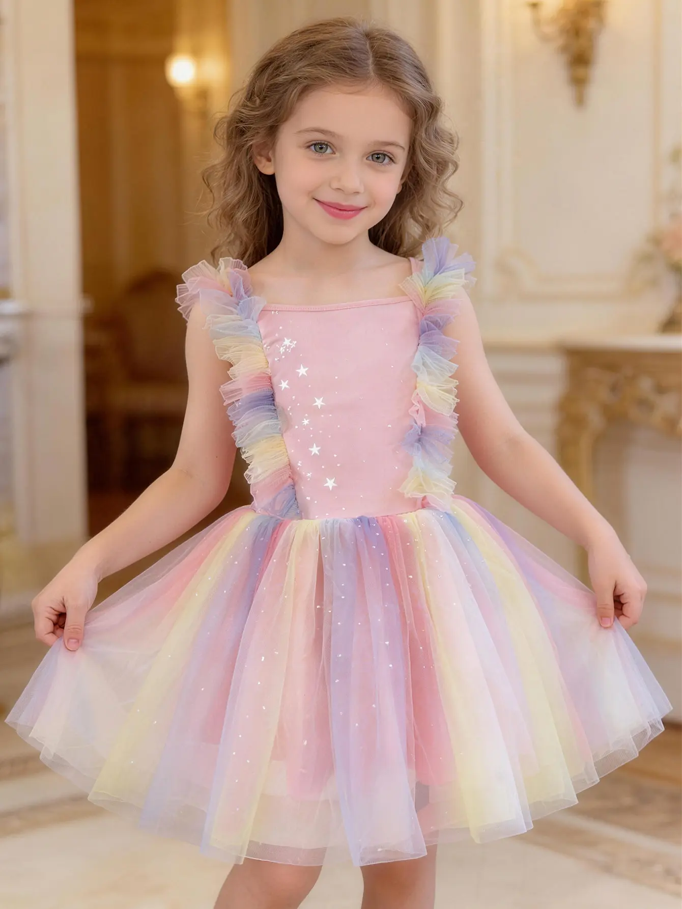Rainbow Star Tutu Dress | Girls Pink Birthday Party Gown Tutu Skirt
