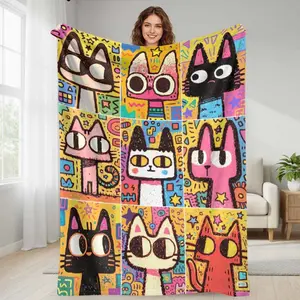 Colorful Cartoon Cat Flannel Blanket  Abstract Pop Art Kitty Print Pattern  Soft Warm Lightweight Cozy Throw  Perfect for Sofa Living Room Bedroom Office Travel Gift Decor summerwins