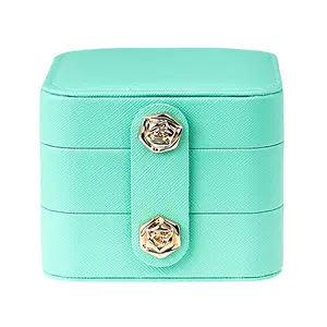 JTV Turquoise 3 Layer Jewelry Box with Rose Snap Closure Approximately 3.75x3.75x3.15"