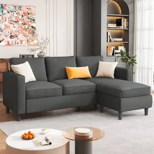 3-Seat Convertible L-Shaped Sectional Sofa With Ottoman, Breathable Fabric Modular Couch For Small Spaces Living Room Apartment
