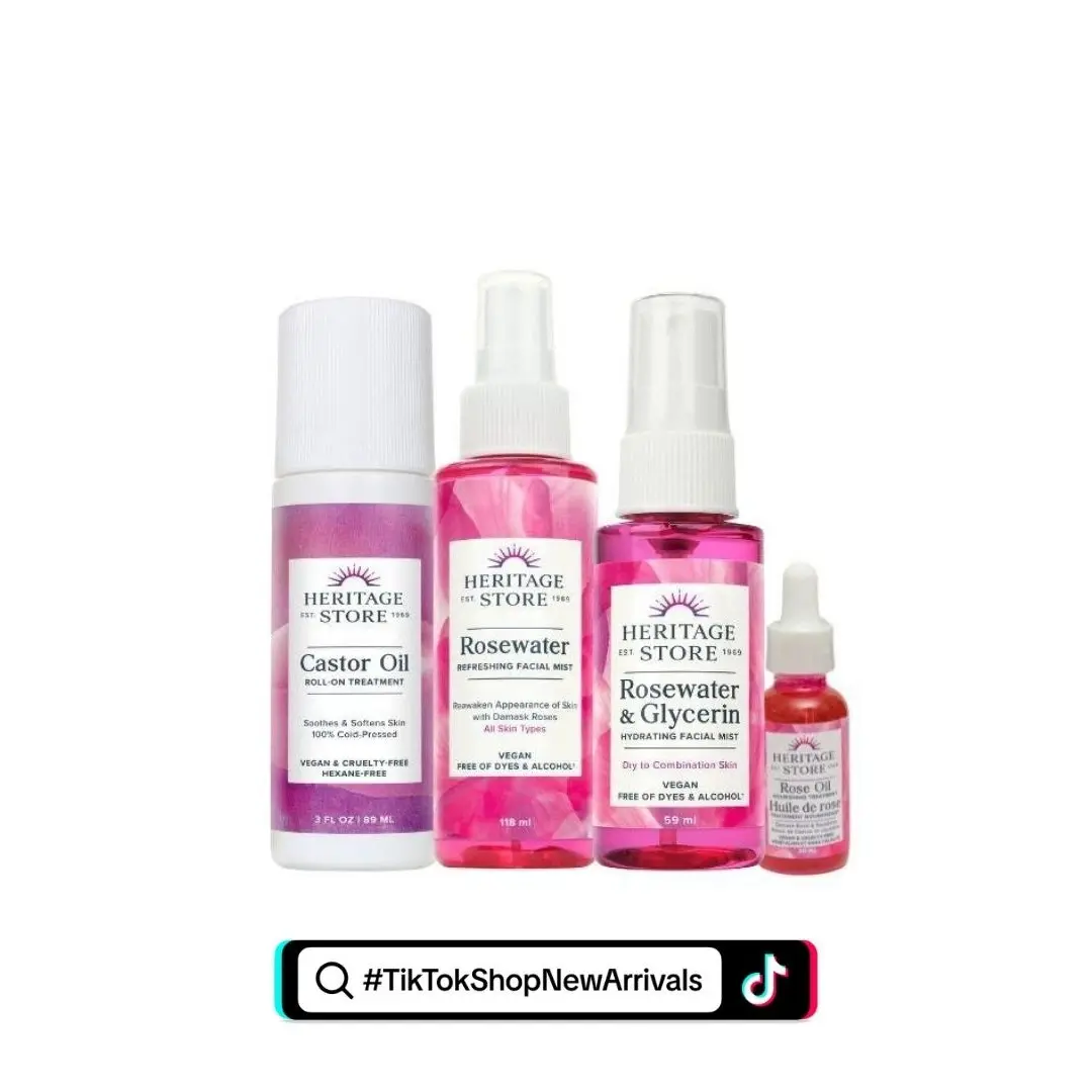 HERITAGE STORE Jet Setter Travel Kit, 4-Piece Hydrating Skincare Set with Rosewater & Castor Oil, Moisturizers for Soft Skin & Makeup Prep, Radiant, Bottle, Dewy Skin, Skin Transformation