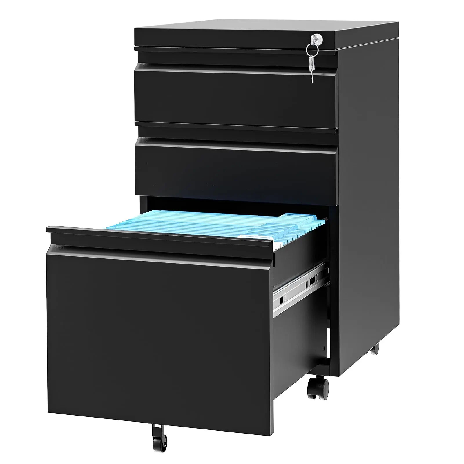 Garvee Upgraded-Mobile File Cabinet, Lockable 3 Drawer Metal Lateral Storage With 2 Keys And Adjustable Shelf, Black Easy Assemble Under Desk Cabinet For Legal, Letter And A4 Office Documents