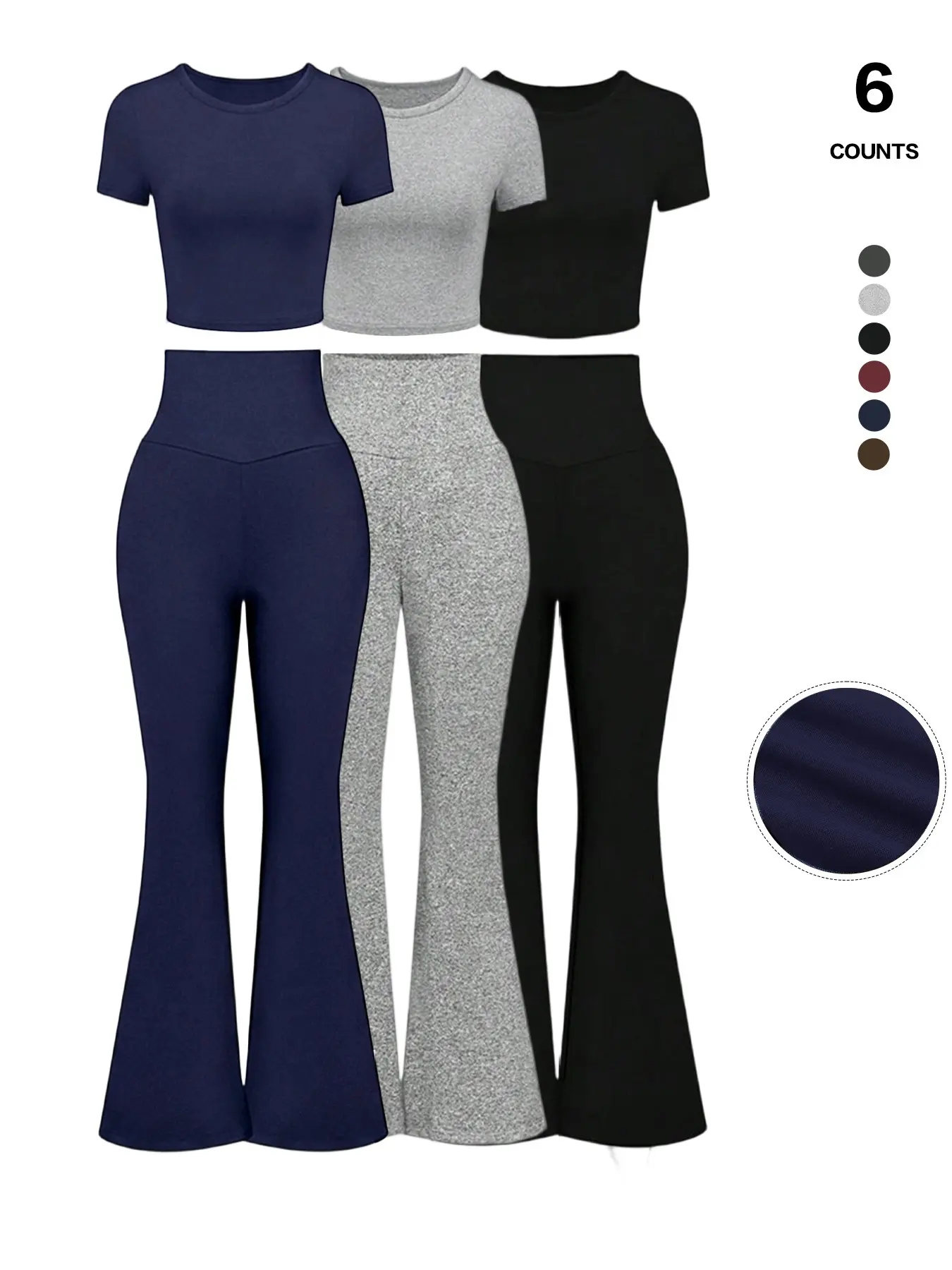 Women's Basic Solid Fitted Top & High Waist Elastic Flared Leg Pants Set, Casual Chic Fashion, Cozy Round Neck Tee & Bell Bottom Trousers, All Seasons Clothes, Knot