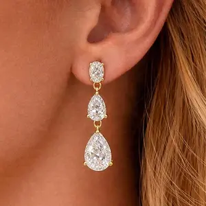 Veliora Gift B Gold Dangle Earrings for Women Dainty Cubic Zirconia Long Dangling Wedding Earrings for Brides Wedding Jewelry for Brides Bridesmaid