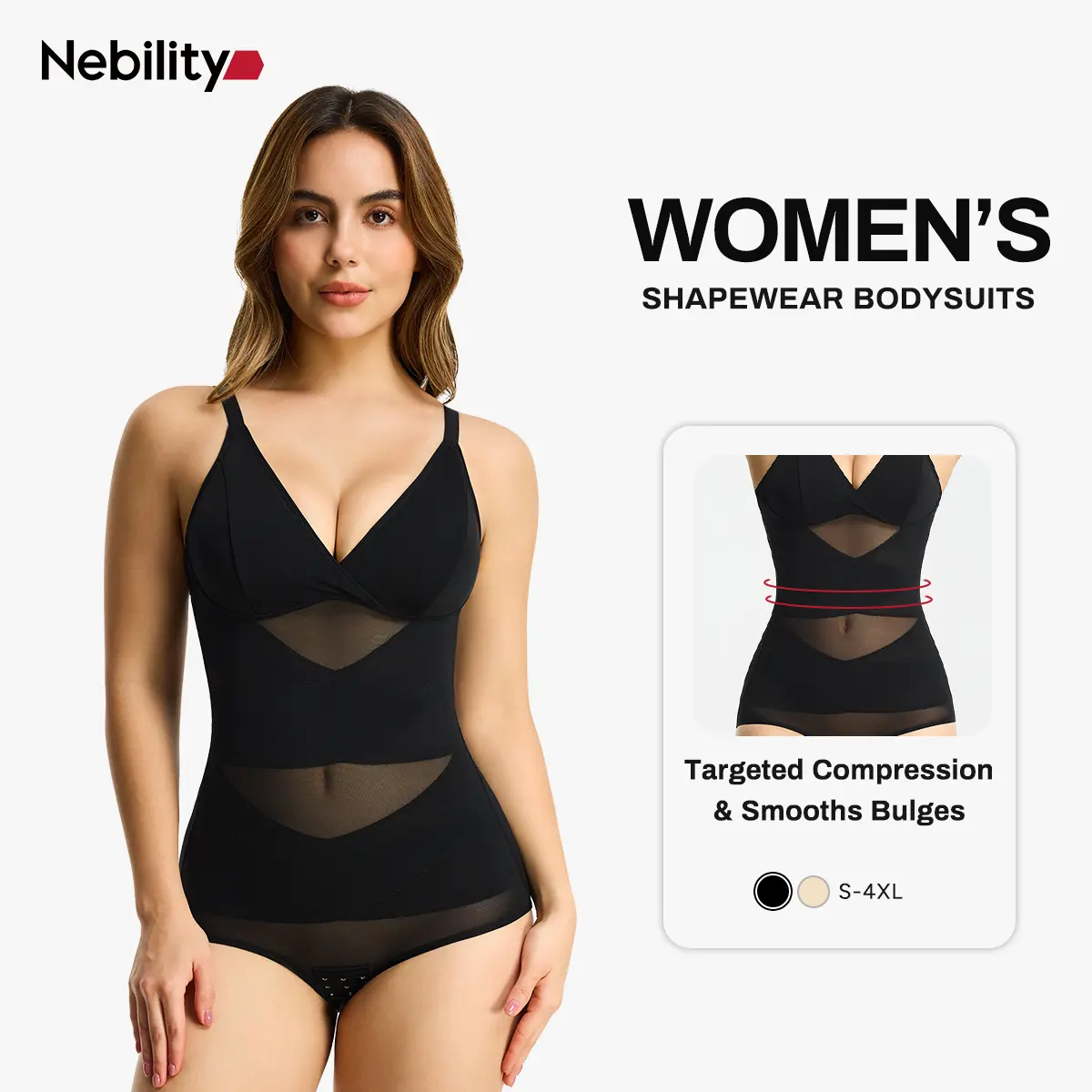 Nebility Women's 2-Piece V-Neck Bodysuit Shapewear - Built-in Bra & Mesh Breathable Compression, Sleeveless High Waisted, Basic Minimalist Womenswear White