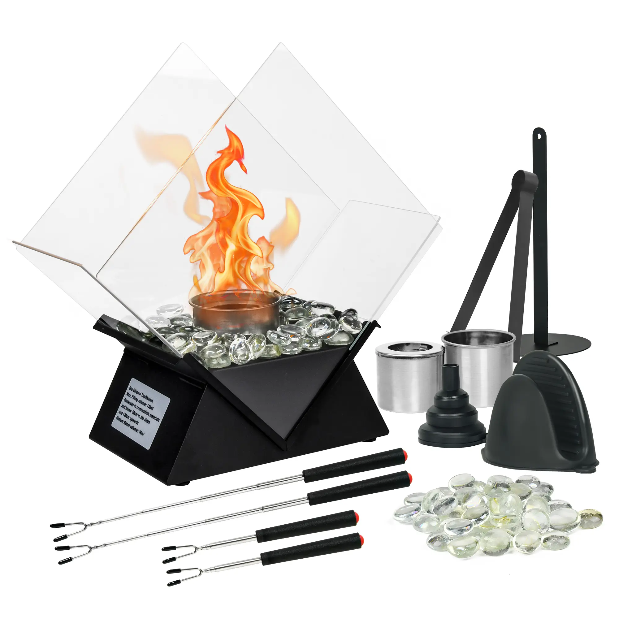 Tabletop Fire Pit Set - Indoor Outdoor Mini Fireplace with Heat-Resistant Glass, Roasting Tools, Fireproof Mat, Stones - Portable Flame for Home and S'mores
