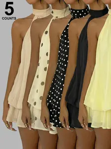 Women's Summer Fashion Party Halter Neck Tie Back Mini Dress, Slim-Fitting Casual Elegant Short Sleeveless Dress for Home Outdoor City Style