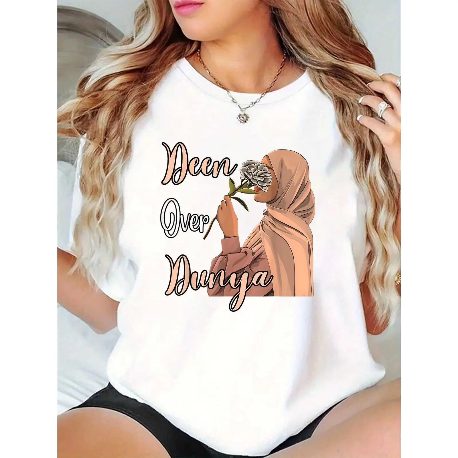 Women’s White T-Shirt with Hijab Woman & Flower Graphic, “Deen Over Dunya” Print – Casual Islamic Fashion for Daily, Ramadan, Eid