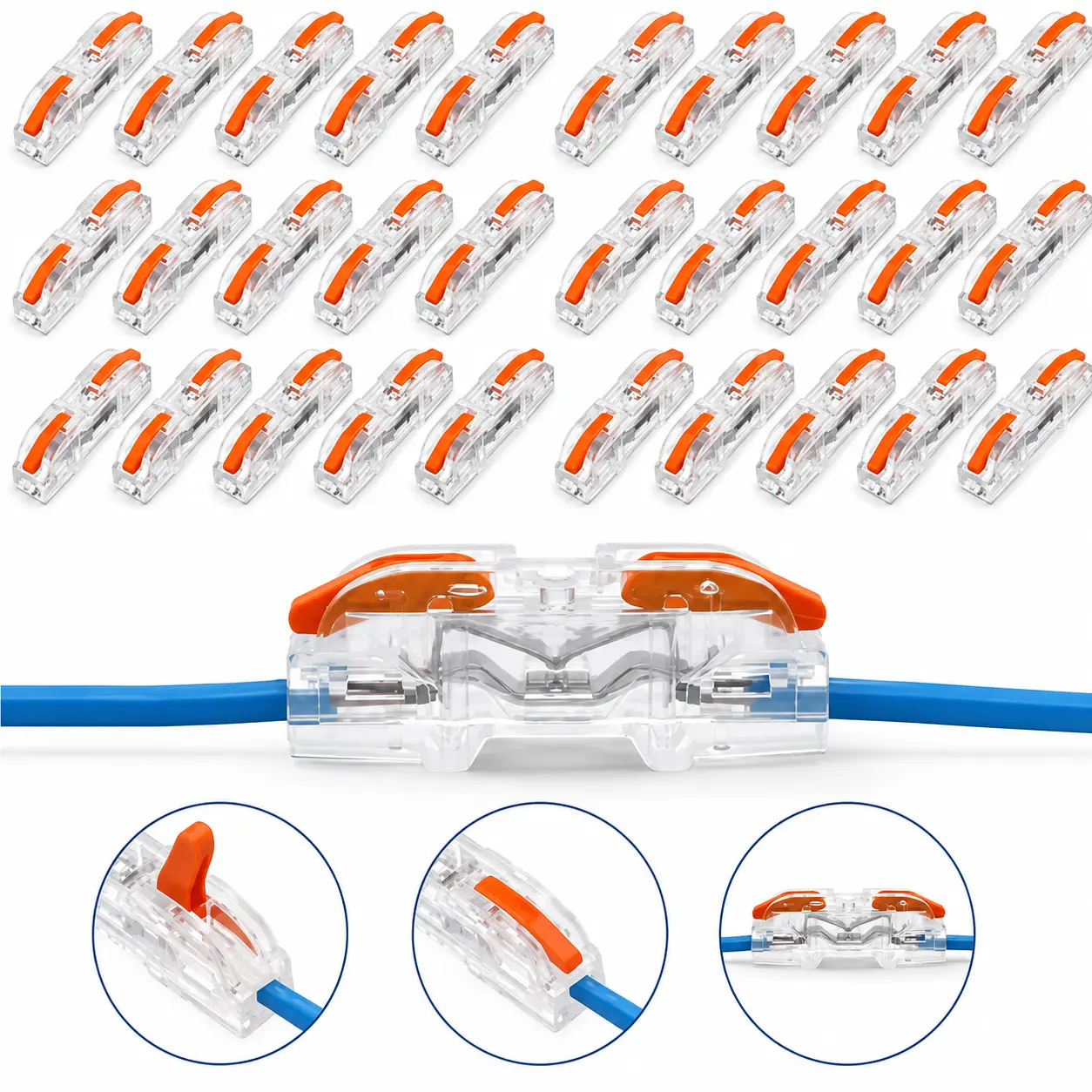 2-Port Lever Quick Wire Connectors (10/30/50/90PCS) - 1-In 1-Out Reusable Inline Terminal Blocks for 28-12 AWG Wires, Tool-Free for DIY Users, Home Wiring & Lighting