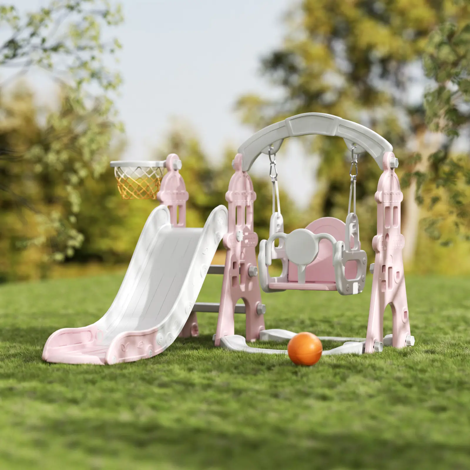 KORIMEFA 4-in-1 Toddler Slide & Swing Set - Compact Sports Outdoor Play Equipment, 1+ Years Backyard Adventures, Basketball Hoop, Climbing Ladder, Durable HDPE Material, Safe Stable Design, 4-in-1 Fun for Active Kids, Outdoor Playyard Freestanding Slides