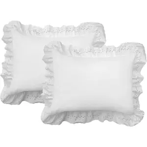 Ruffled Bed Pillow Shams with Embroidered Eyelet Detail, Standard, White, 2-Pack