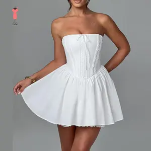 Women's Corset Mini Dress Strapless Lace Trim Solid Color Tube Top Dress Short Party Dress