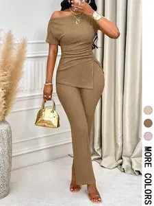 Two-piece Set Women's Solid Asymmetrical Neck  Tee & Pants Set, Elegant Fashion Casual Top & Trousers for Daily Outdoor Wear, Women's Clothing for All Seasons