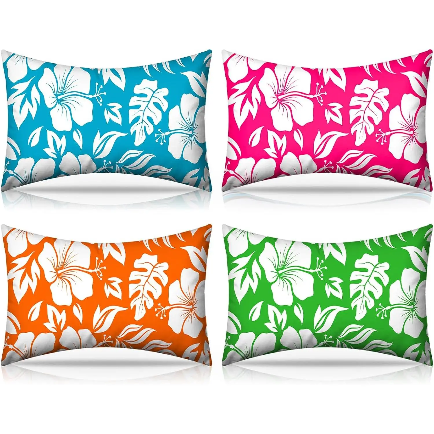 4 Pack Inflatable Beach Pillows with Removable Washable Covers, Hawaii Tropical Palm Leaf Hibiscus Flower Pattern Portable Air Pillows for Vacation Travel Sand Tanning Pool