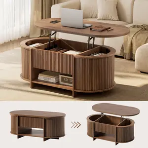SIKAIC Modern Oval Fluted Lift-Top Coffee Table - Fluted Sides, 3 Hidden Compartments, Open Shelf, Brown Indoor Furniture Piece