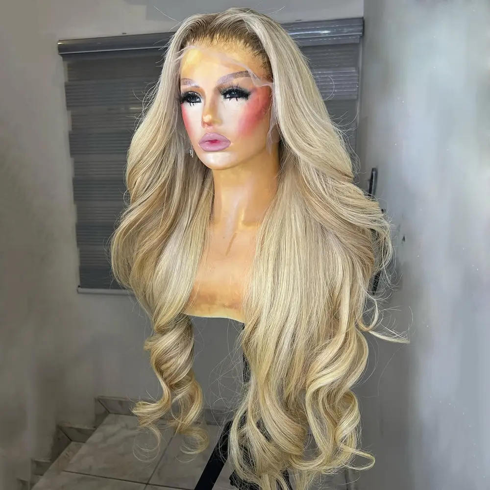 13X6 Lace Frontal Human Hair Wigs Brown Root Ash Blonde Colored Body Wave Hairstyle Transparent Lace 180% Density Ombre Ash Blonde Human Hair Wig For Women Pre-Plucked 28 30 32 Inches, Raw Human Hair, Glueless Lace Frontal