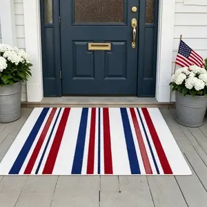 Patriotic Red White Blue Stripe Outdoor Door Mat, Non-Slip Indoor Outdoor Porch Rug, Holiday Home Decor Floor Mat, Farmhouse Style Entryway Rug for Celebrations, Independence Day and Memorial Day