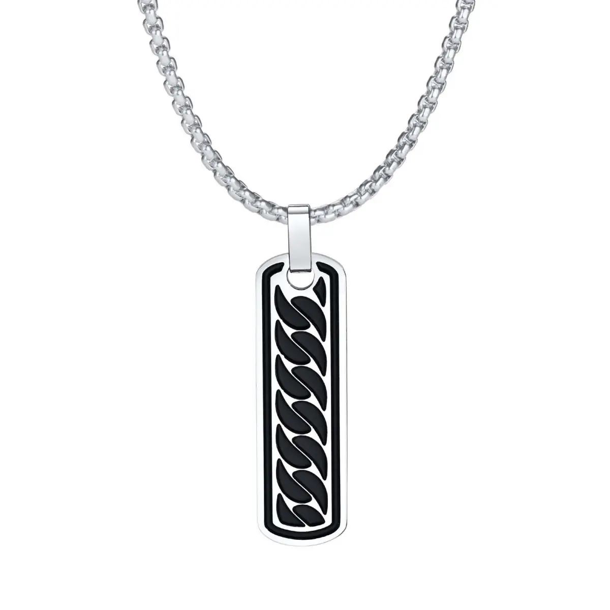 Bar Pendant Necklace for Men, Minimalist Stainless Steel Chain with a Geometric Design and Black Enamel, Modern Versatile Statement Piece, Elegant, Fashionable Jewelry, Long Length, Casual, Chain & Link