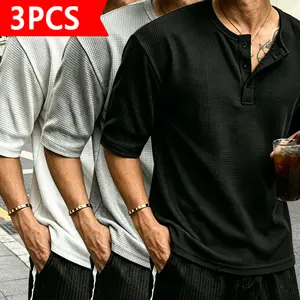 Men's T-Shirts, 3-Pack (Black, Gray, White) Plain Waffle Knit Henley Tops, Casual Short Sleeve Loose Fit Breathable Summer Shirts