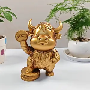 1pc Lucky Scottish Highland Cow Figurine, Cute Bull Statue, Wealth Attracting Decor, Creative Cartoon, Luck Coin Holder, Home & Desk Decoration