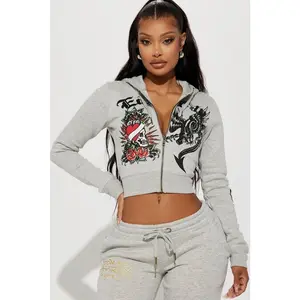 Heart Of Roses Ed Hardy Zip Front Hoodie - Heather Grey 1