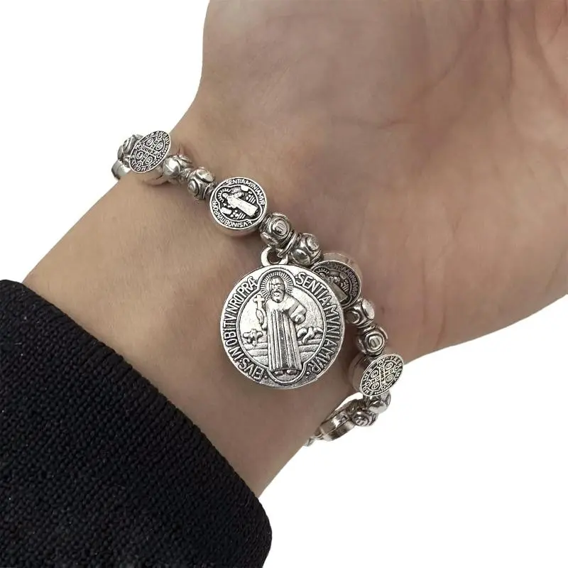 Saint St. Benedict Medal Silver Spiritual Chain Bracelet, Elegant Bangle, Catholic Costume Jewelry Charm for Father's Day Gifts, Chain Bracelets & Bangles, Spiritual Jewelry, Inspirational Bracelet