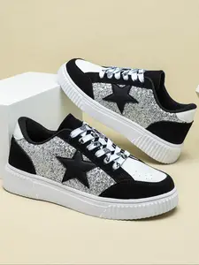 Unisex Fashionable Glitter Colorblock Patchwork Design Lace Up Low Top Sneakers, Casual Comfortable Breathable Skate Shoes, Fashionable Sneakers for Daily Wear Trainer