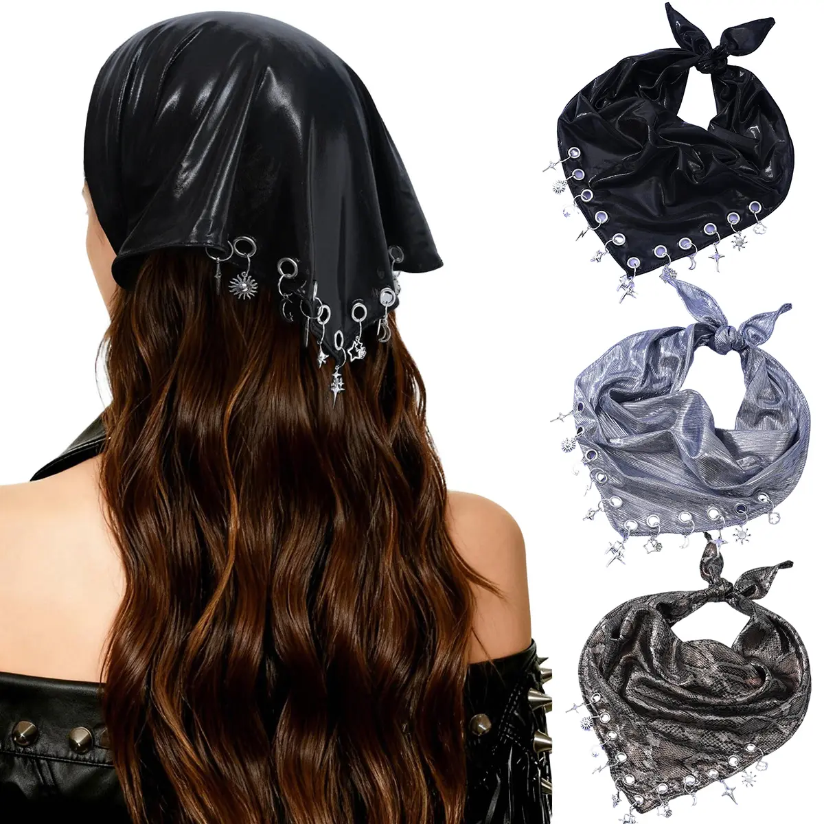 Y2K Punk Triangle Head Scarf with Metal Charms Sparkly Bandana for Women | Vintage Neck Scarf for Festival Party Concert