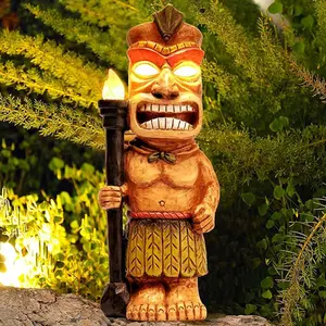 13-Inch Resin-Made Exotic Tribal Solar-Powered Tiki Statue Totem Pole Ornament, Flickering LED Eyes and Lights, Outdoor Decor for Patio, Garden, Backyard Decor, Garden Decor