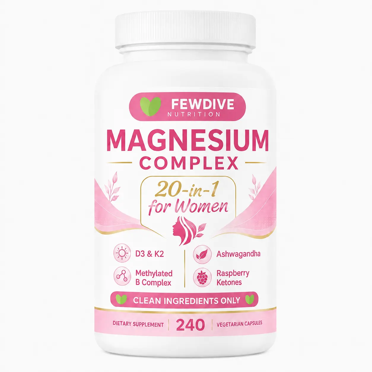FEWDIVE Magnesium Complex 20-in-1 for Women, 800mg Magnesium Formula with Vitamin D3 K2, B Complex, Vegetarian Capsules, 240 Count