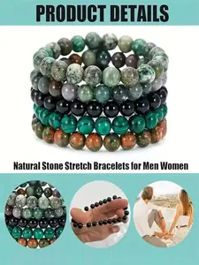 5pcs Semi-Precious Beaded Gemstones Bracelet, Healing Crystal Stone Beaded Bracelets for Women Men, Round Beaded Stretch Stackable Bracelets, Unisex Yoga Bracelts