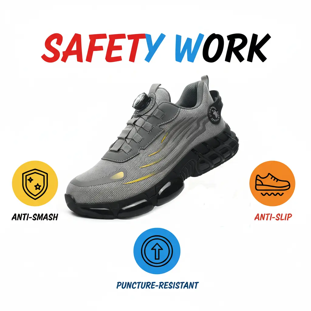 Elastic Closure Non-Slip EVA Sole Men's Breathable Mesh Work Sneakers Durable Anti-Slip Safety Shoes Steel Toe Protection Comfort Fit All Seasons Casual Striped Design Plumber Shoes