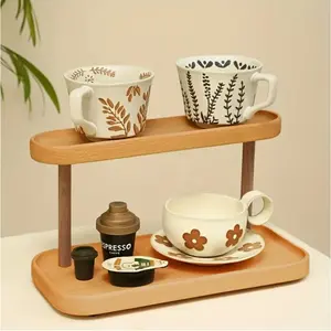 Solid Wood Dual-Layer Tray for Jewelry & Aromatherapy, Walnut Texture, Compact Design, Versatile Use for Desk Organization & Decor, Coffee Display Organizer, Double Layered Tray, Wooden Coffee Tray Stand