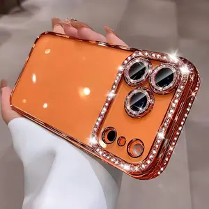 For iPhone 17 Pro Max Case Clear Glitter, Orange, Cute Luxury 3D Sparkly Bling Diamond Rhinestone Camera Lens Protector Soft Plating TPU Bumper Transparent Women Girls Phone Case for iPhone 17 Pro Max