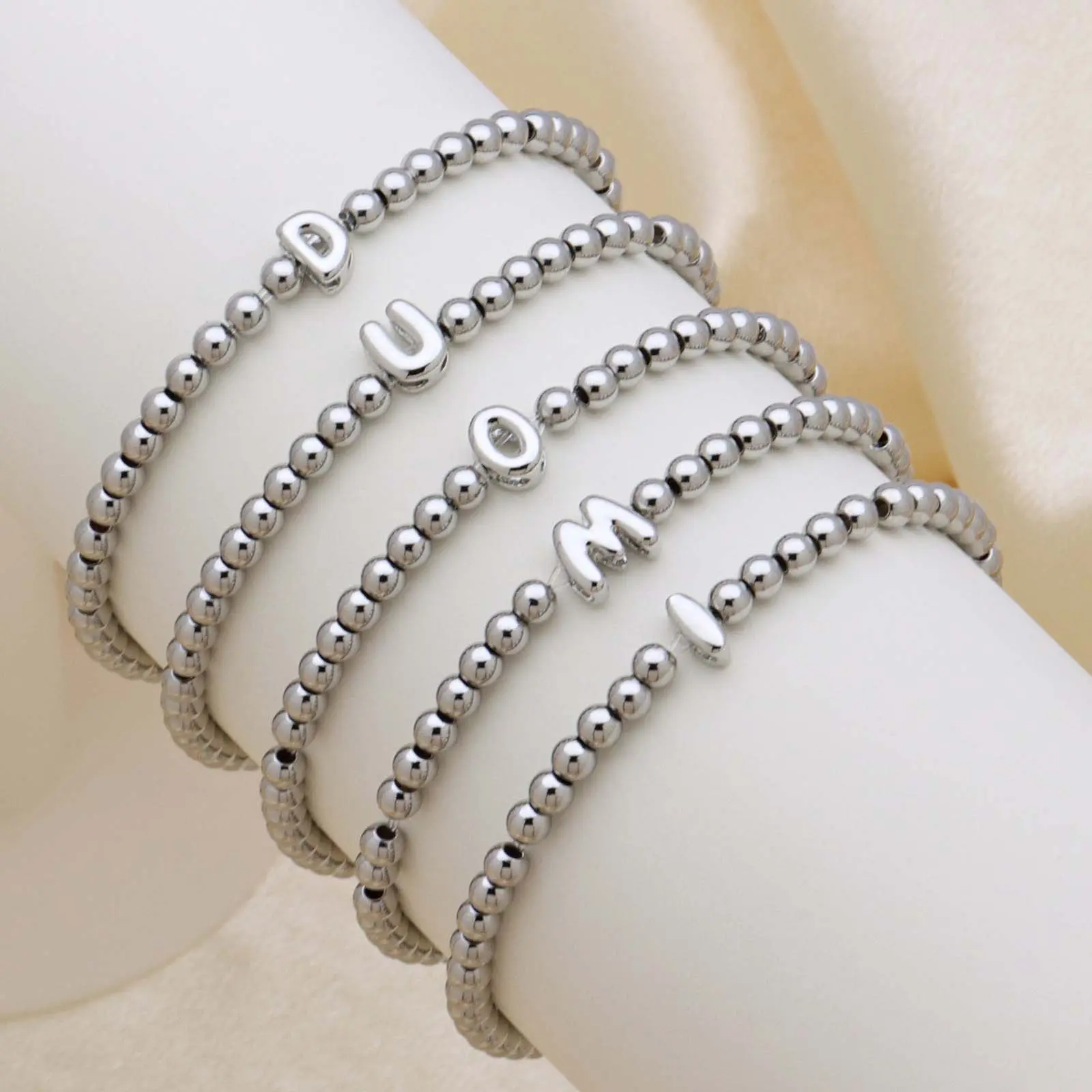Custom Jewelry with Silver Bubble Letters & Round Beads - Trendy Stackable Fashion Accessory with Unisex Names, Stackable Bracelets, Personalized Jewelry, Jewelry Bracelet, Trendy Stack Bangle