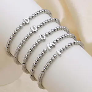 26 English Name Silver Bubble Letter Round Bead Personalized Jewelry, Elegant Minimalist Stackable Fashion Bracelets, Custom Bangle Accessories