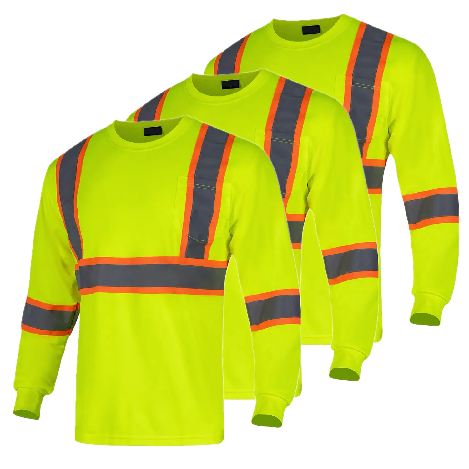 3 PACK SHIRT High Visibility Long Sleeve Construction Shirts SAFETY YELLOW Reflective Safety Workwear