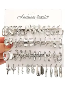 【 24 Pairs / 48 Pcs】FashionJewelry Geometric Heart Design Earrings Faux Pearl Twist Hoop All-match Women Girl Accessory Silver Color Lightweight Durable
