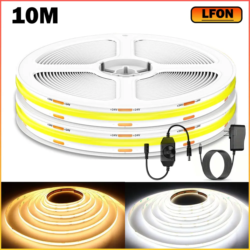 COB LED Strip Light 32.8ft/10m Warm White /White,High Lumen Flexible CRI90+ LED Tape Super Bright DC24V,for Cabinet Home DIY Lighting Projects