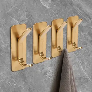 4 Pcs Luxury Gold Adhesive Wall Hooks,No-Drilling Heavy Duty Towel Robe Hangers,Waterproof Double Hooks for Bathroom & Kitchen,Halloween Christmas Party,Father's Day Gift,Hand Tools Kits