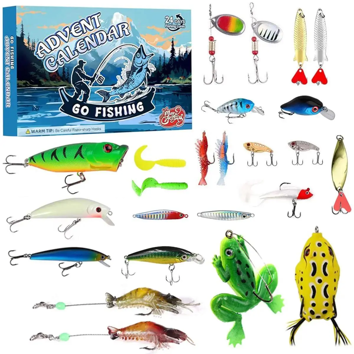 2026 Fishing Advent Calendar Lure Kit - 24 Days of Premium Lures, Tackle, Hard Baits, Spoons, Jigs with Realistic Eyes, Store Dry Design for Fresh/Saltwater, Christmas Countdown Gift for Anglers